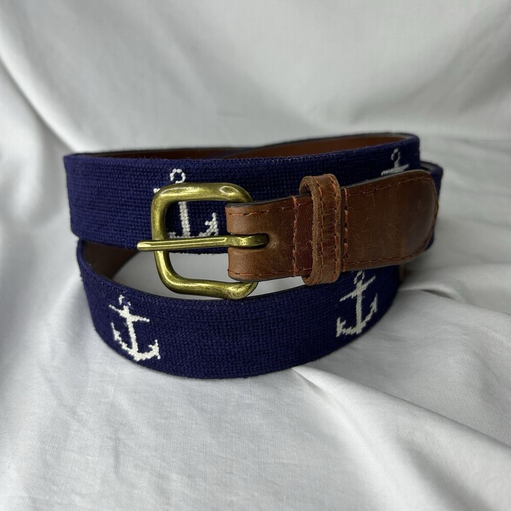 Smathers & Branson Needlepoint Belt Blue Anchors Size 44